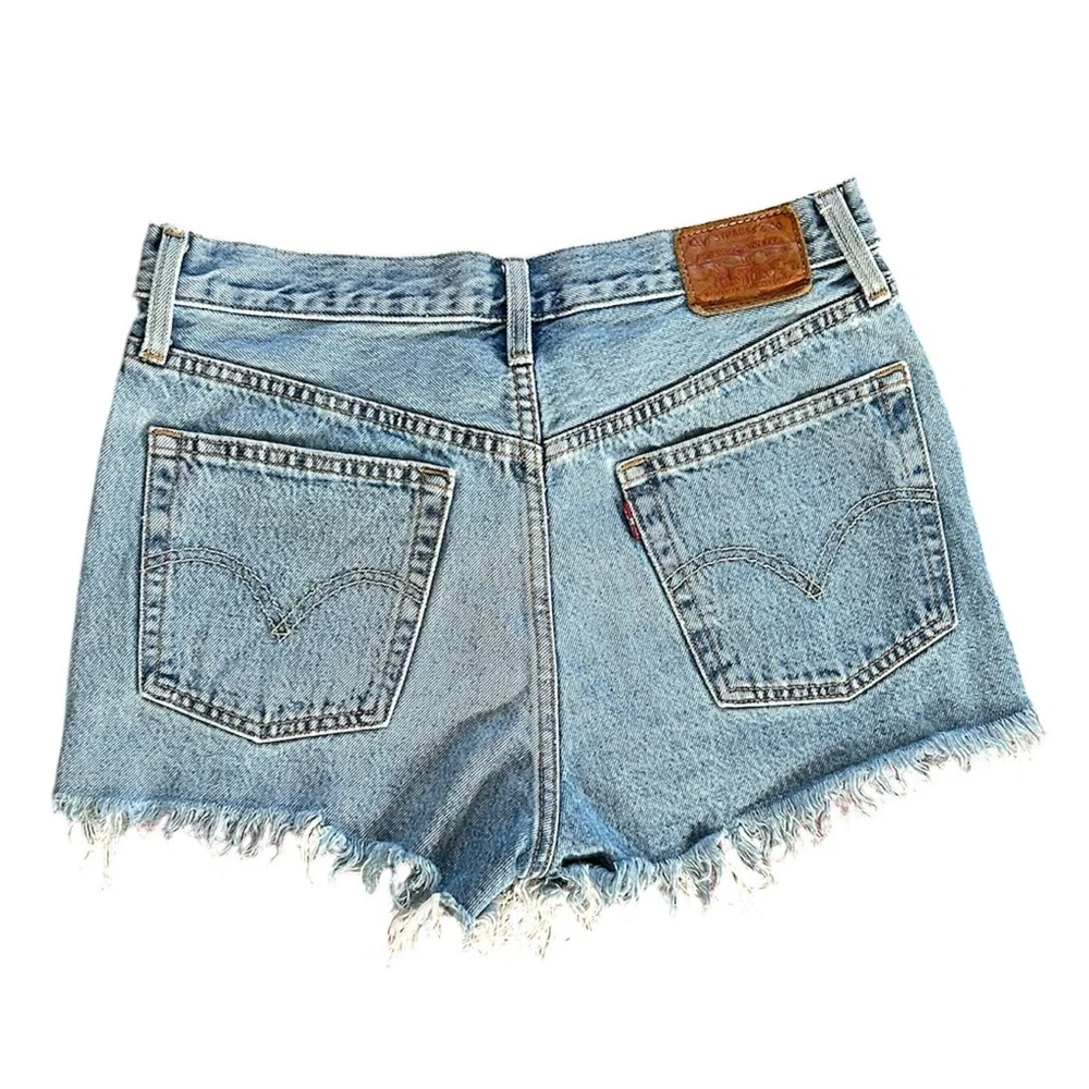 Levi’s | Women’s Blue Denim Premium 501 Buttonfly Logo Stripe Jean Shorts, Sz 27